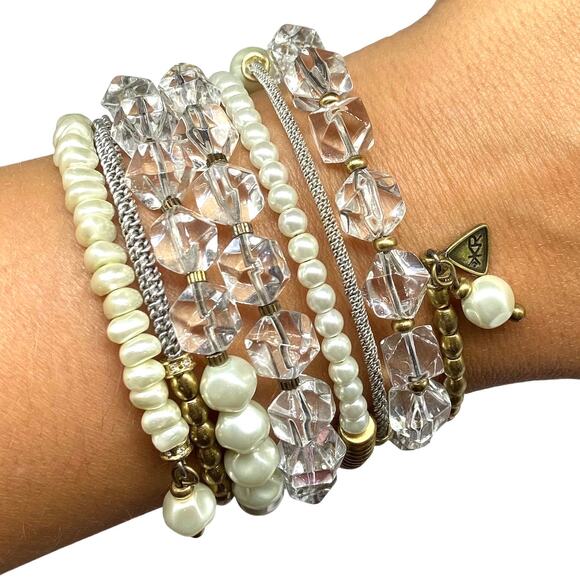 Silpada Jewelry - Silpada K & R Faux Pearl Beaded Wrap Bracelet Clear Glass Beads Brass KR
